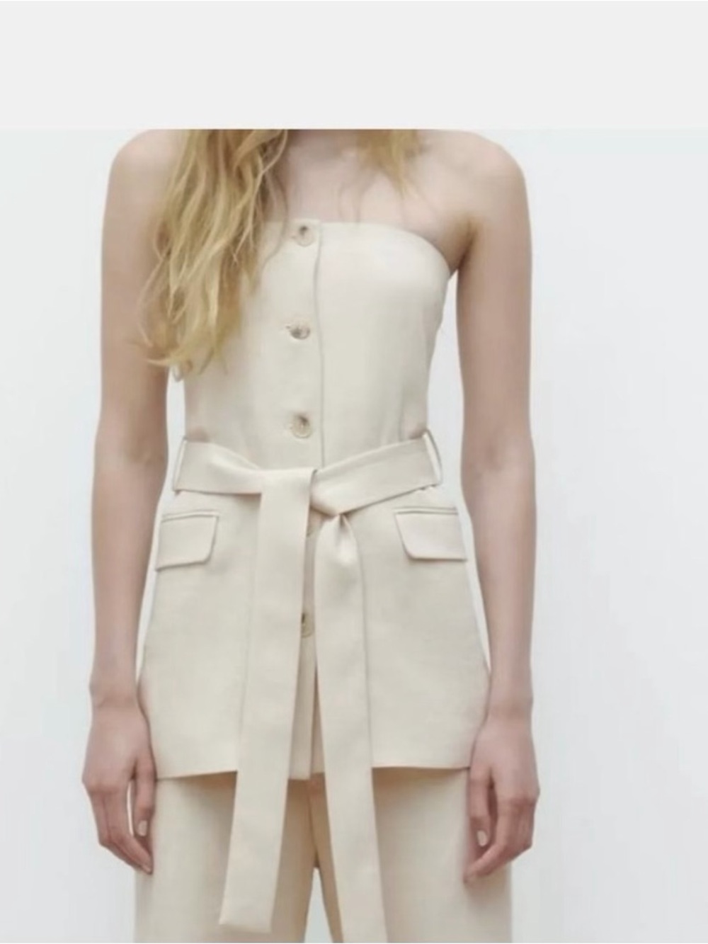 Zara Cream Strapless Button-Front Belted Top